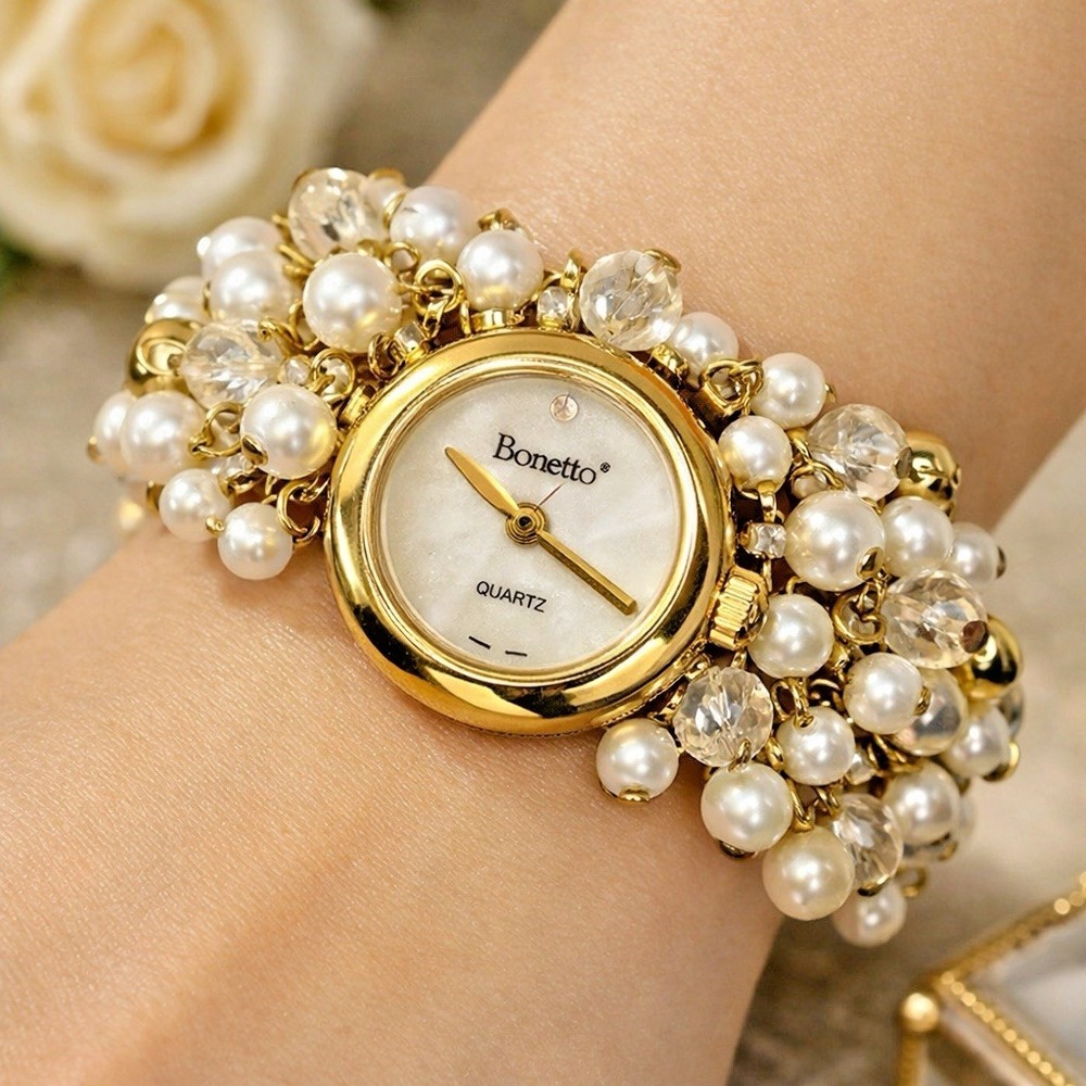 Bonetto Beaded Pearl Stretch Bracelet‎ Watch Gold Tone Quartz Women